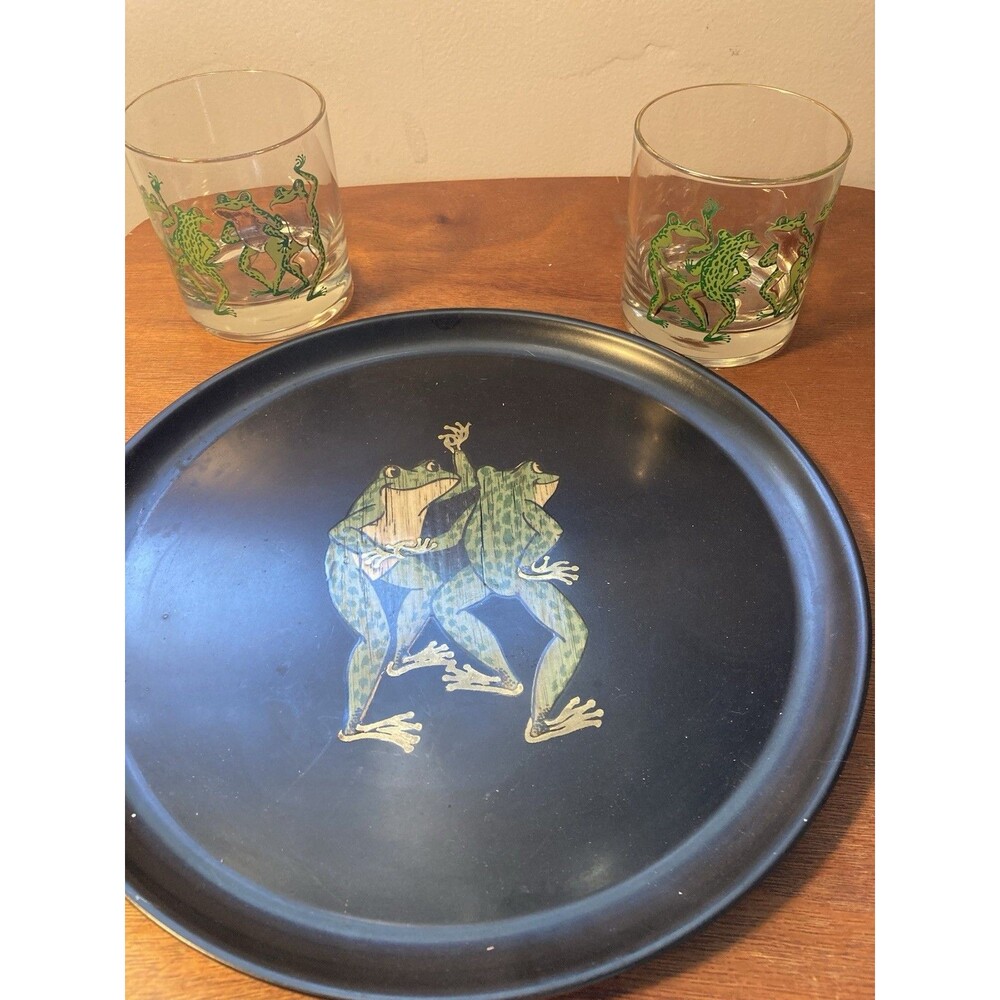 Couroc Dancing Frogs Inlaid Wood Drink Tray & 2 Rocks Glasses MCM 10" Bar Ware